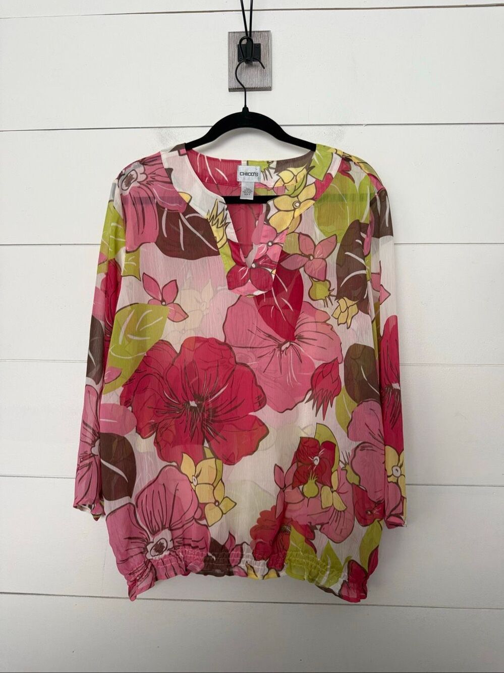 Chico’s Women’s 3 Sheer Floral Blouse Top